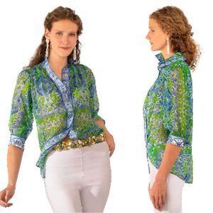 Gretchen Scott Boyfriend Shirt in Sheer Kelly Blue Watteau Print Women Size L